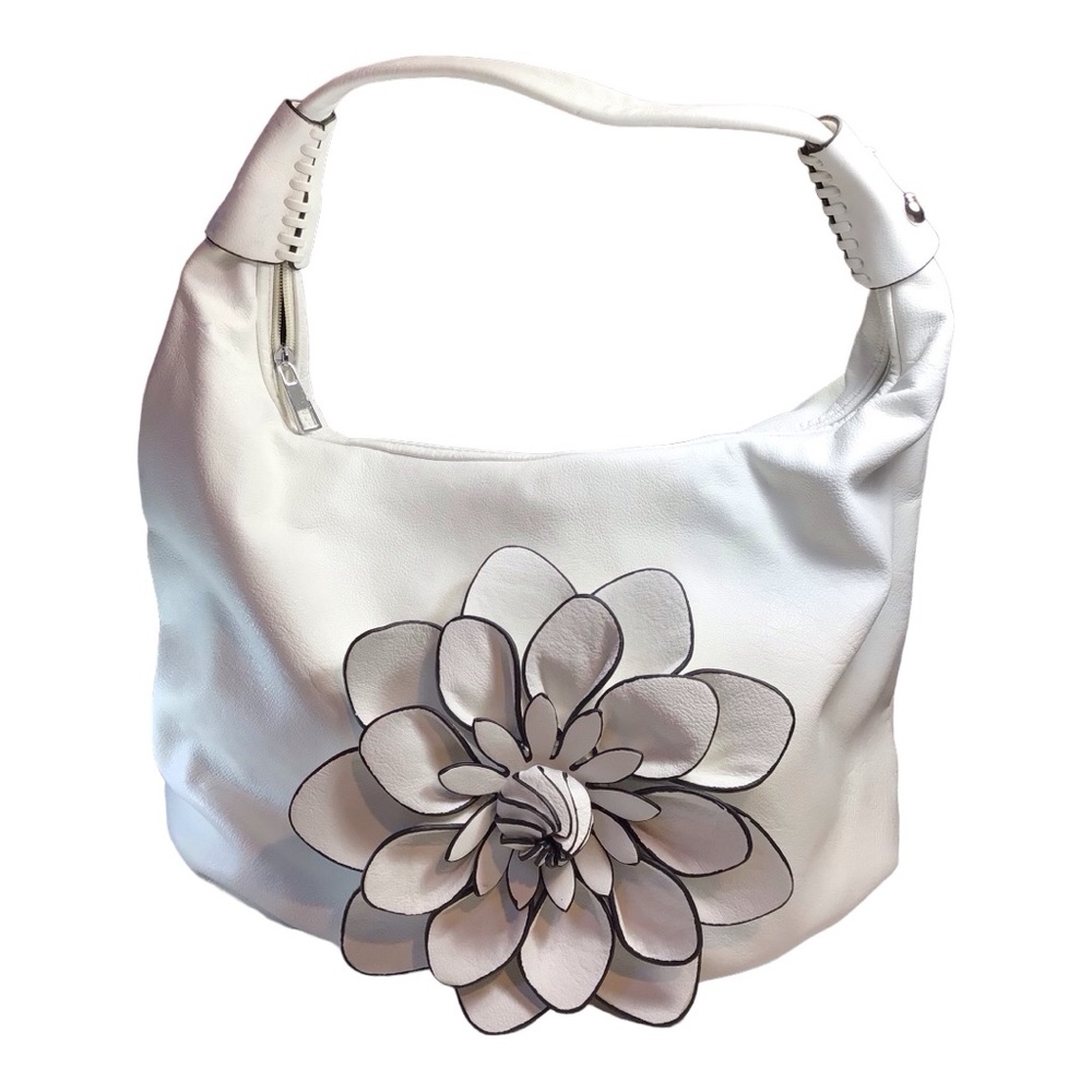 Soft White Faux Leather Zippered Flower Shoulder Bag